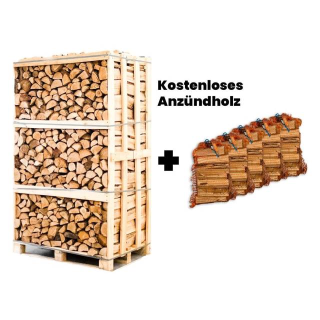Palette Eiche Brennholz 25cm + 5 Netzsäcke Anzündholz gratis 1
