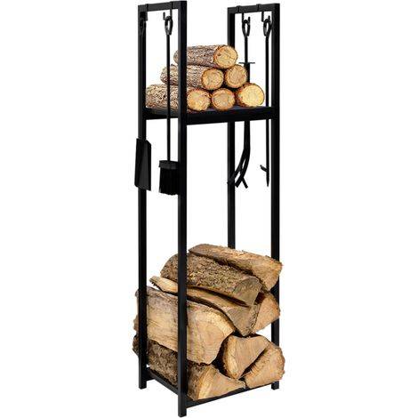 Idmarket – Range bûches vertical acier noir – 2 étagères 112 cm – 4 accessoires inclus – Plateau surélevé pour sol protégé 1