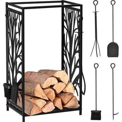 Homcom – Serviteur de cheminée en acier époxy anticorrosion – Range bûches avec étagère et 4 accessoires – Dimensions 46L x 29l x 70H cm 1
