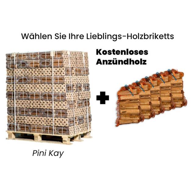 Palette Holzbriketts + 5 Säcke Anzündholz gratis 1